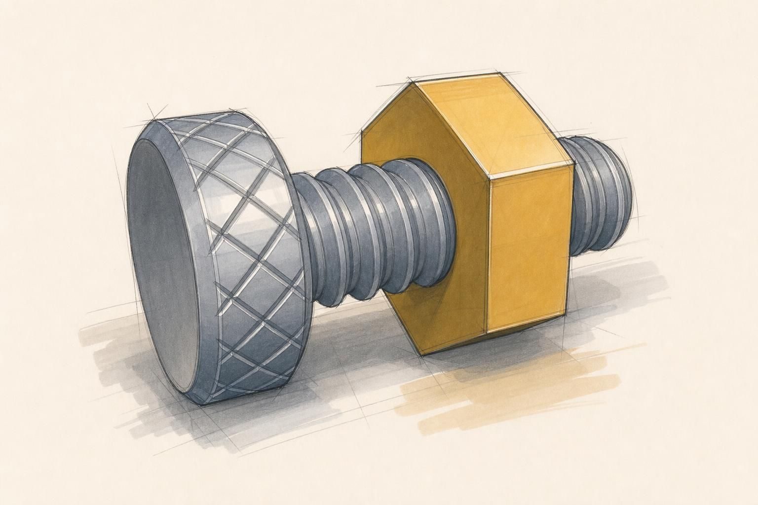A 3D-printed nut and bolt, the bolt head shown as a ribbed knob