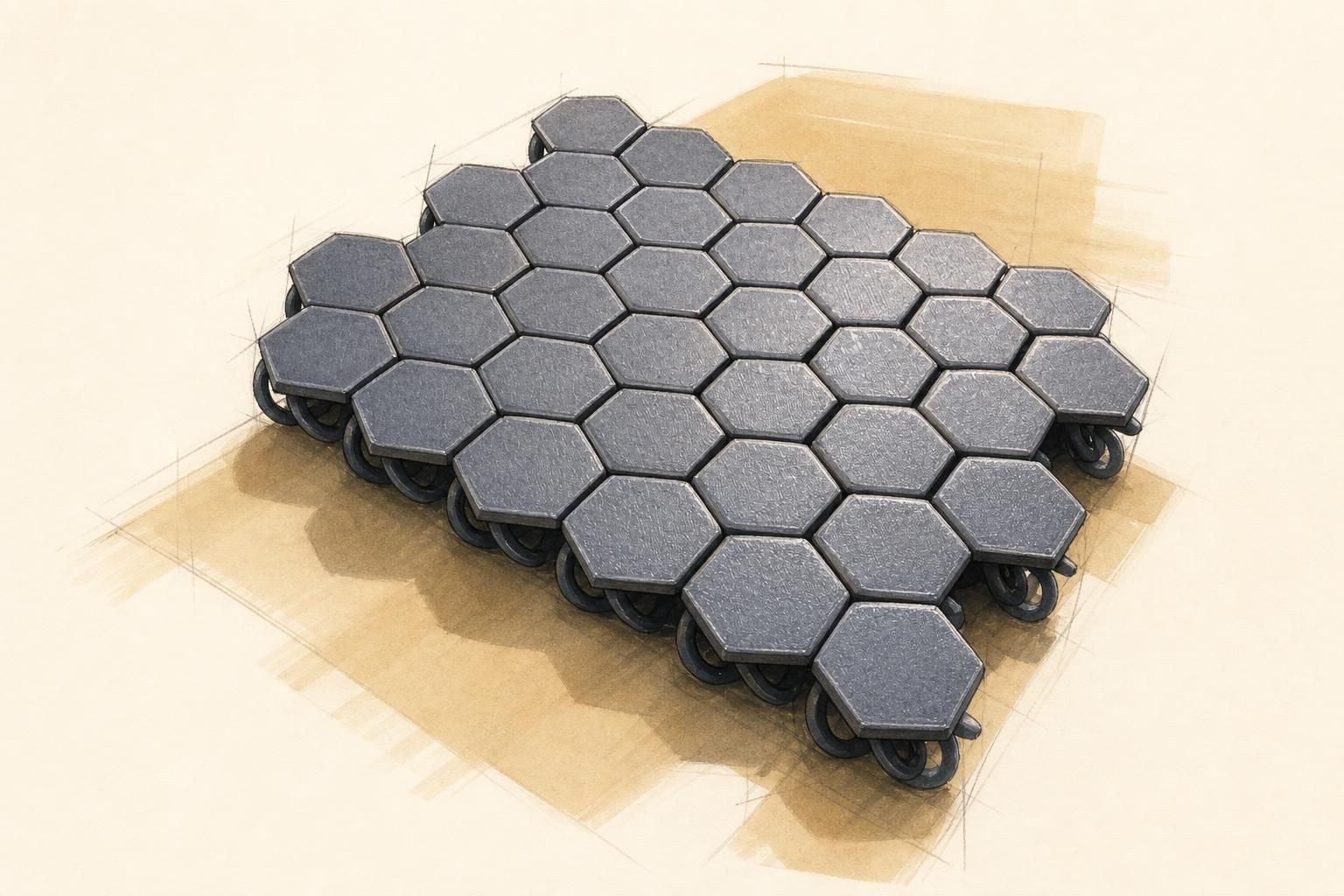 Print-in-place hexagonal chain mail, interlocking rings laid out flat